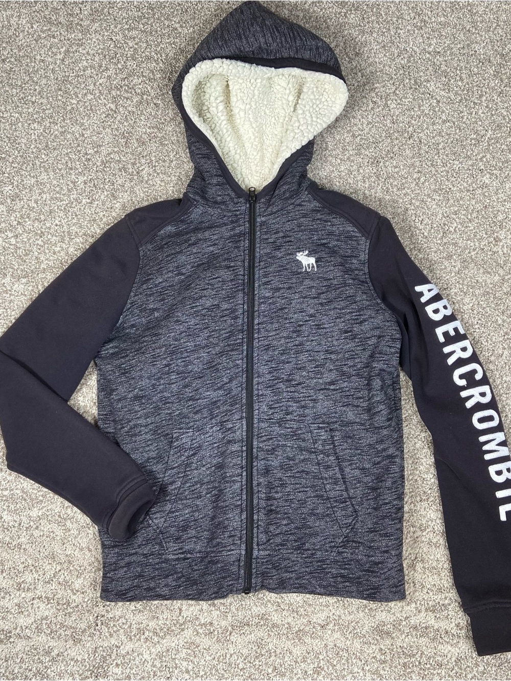 Abercrombie Jacket Kids 15/16 Black Sherpa-Lined Full Zip Hooded Y2K Full Zip